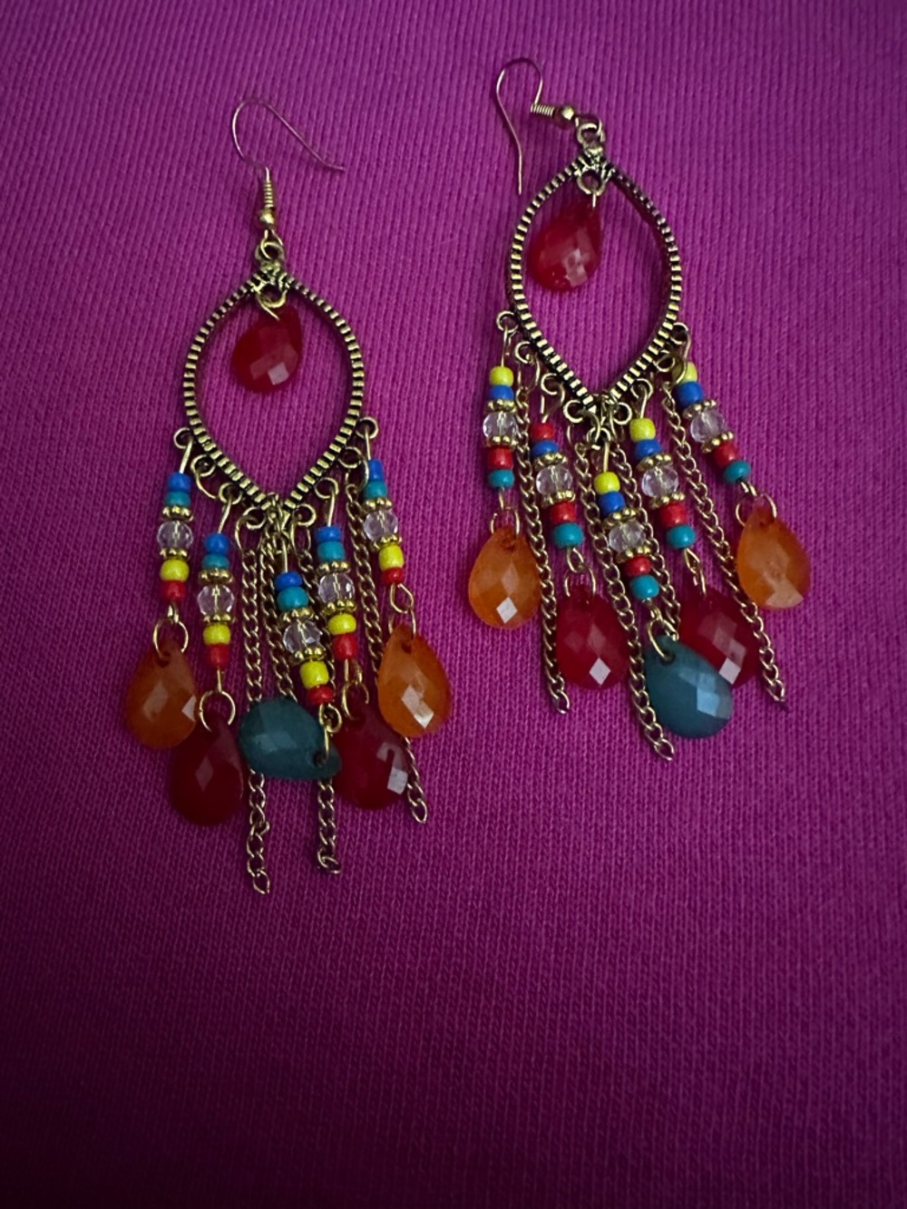 Bohemian Multi-Bead Teardrop Dangle Earrings - Red, Orange, Teal